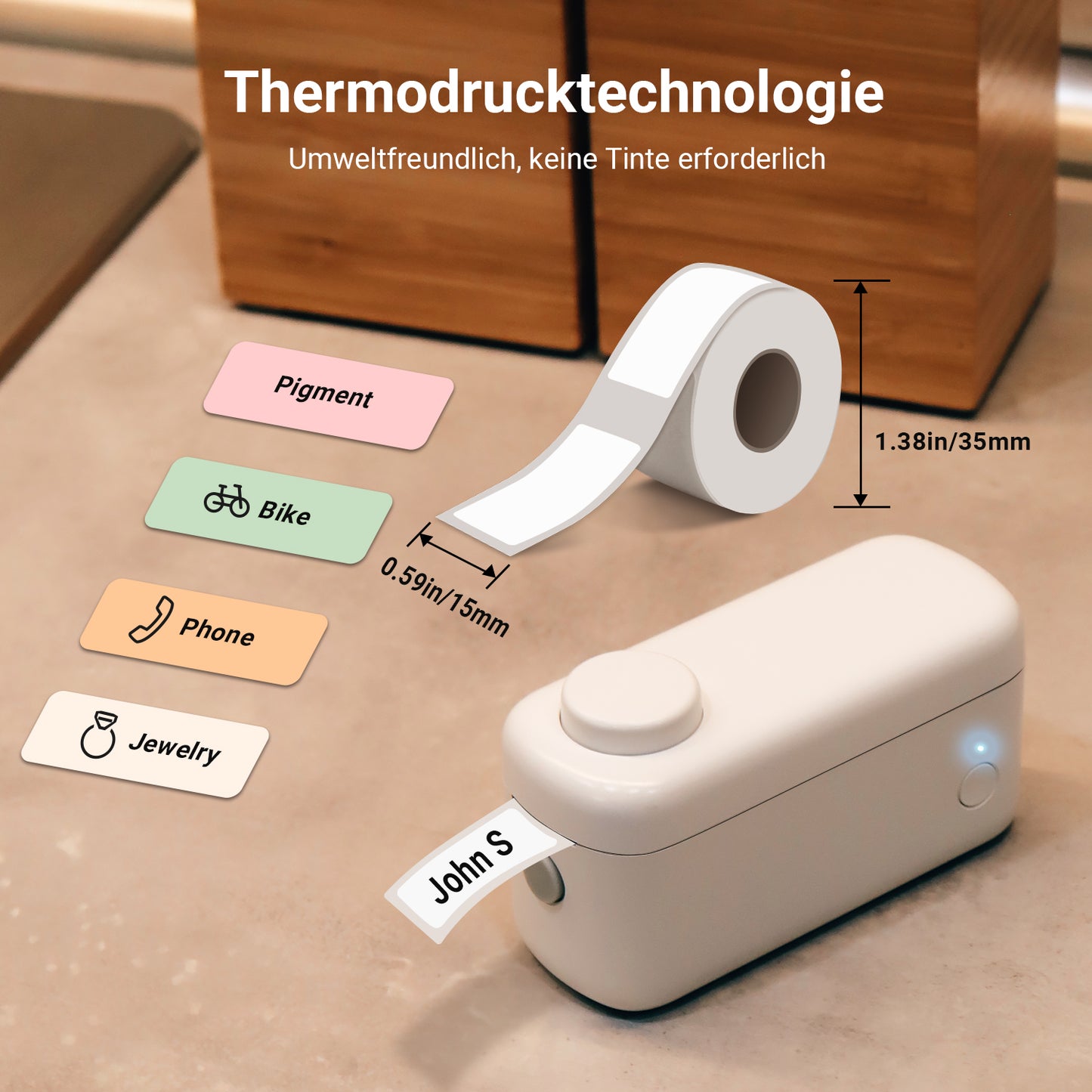 Tragbarer, tintenloser Thermodrucker mit Bluetooth, Klebeband, Schneidevorrichtung und Akku – August LBP160W