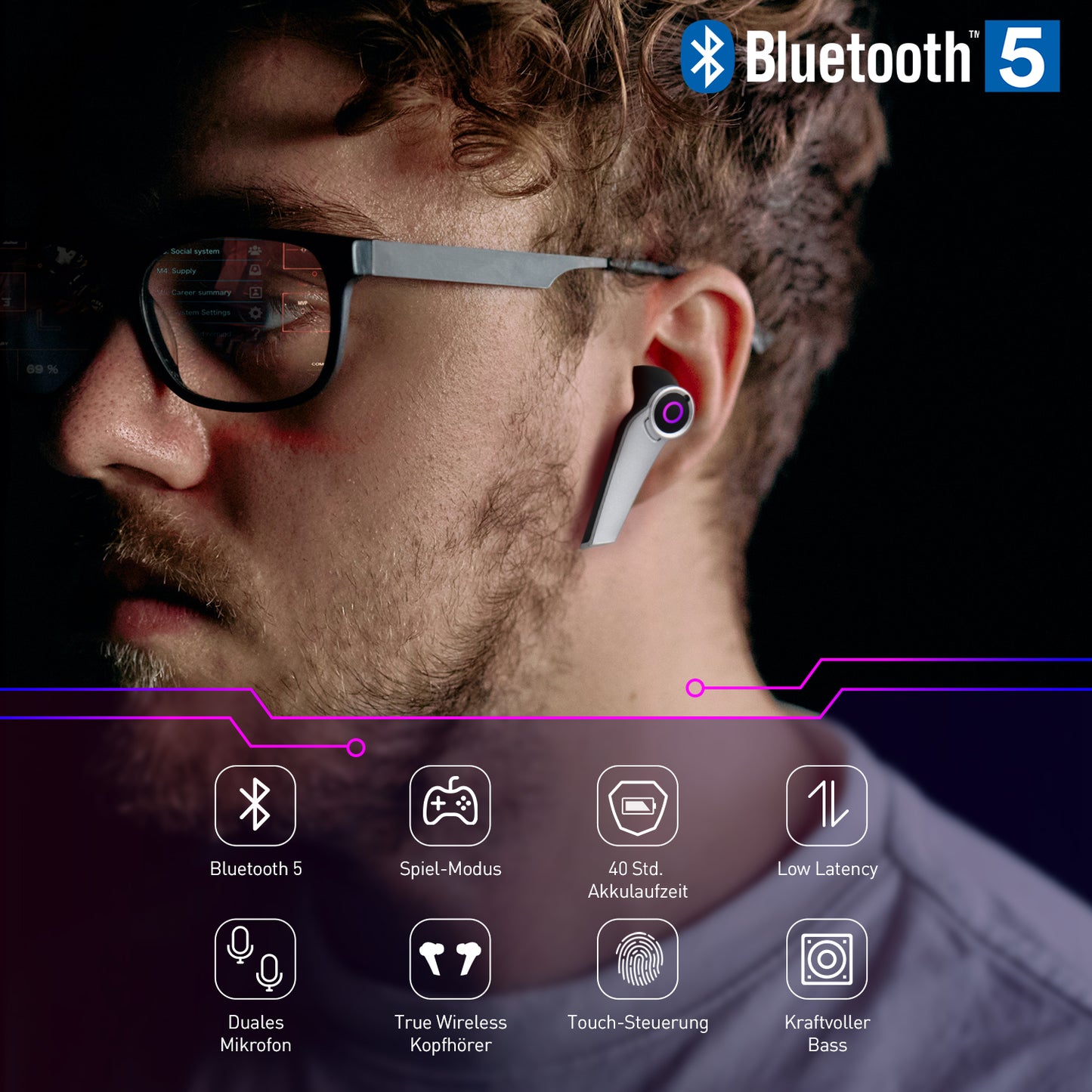 Gaming Ohrhörer Bluetooth 5.0 True Wireless - August EPG500B - Duales Mikrofon, Low Latency, IPX4-Wasserbeständigkeit, 40 Stunden Akkulaufzeit - Daffodil Germany GmbH
