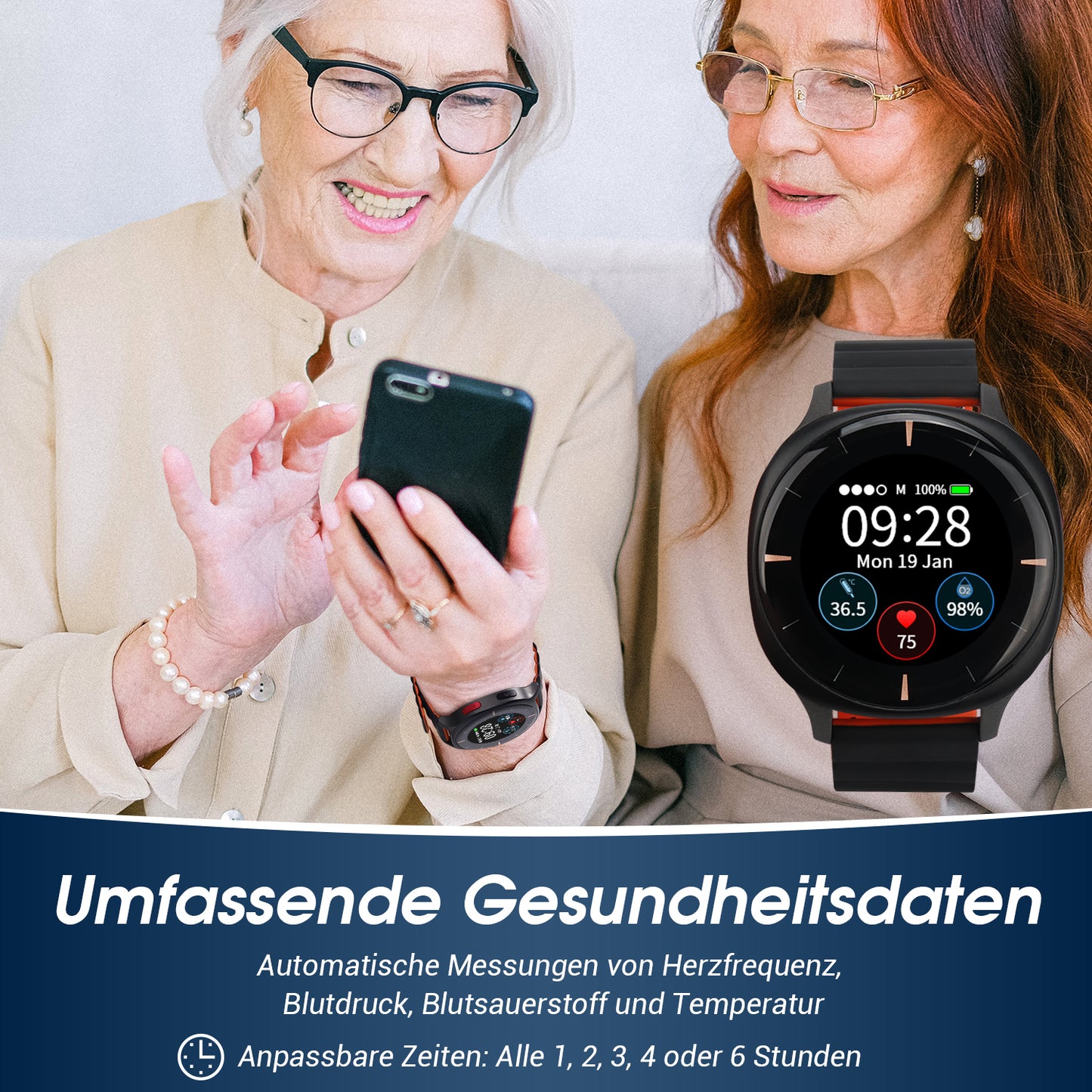 Gesundheitsmonitor Uhr 24/7 Lebenszeichen-Tracker mit Sturzerkennung & SOS-Auslöser - Audar E2