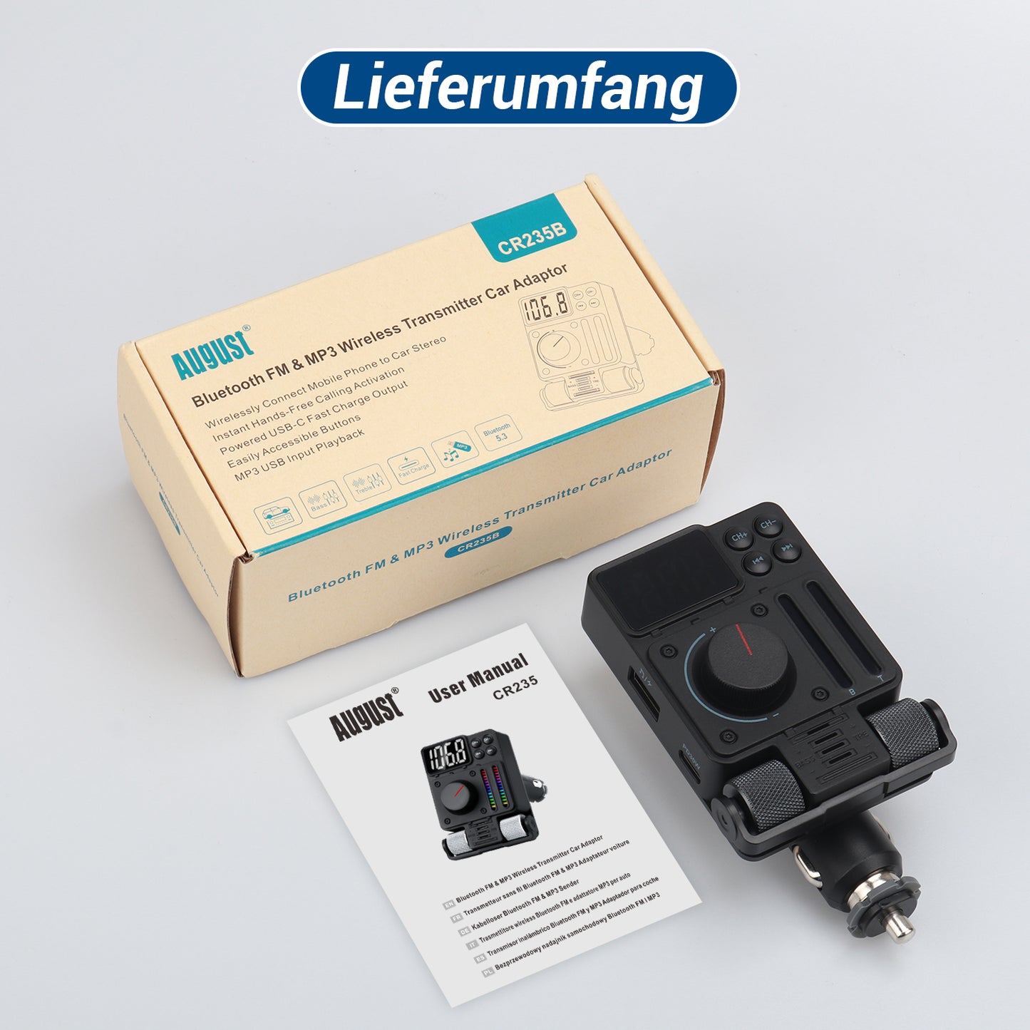 Kabelloser Bluetooth Audiosender für das Auto FM MP3 USB Player - August CR235B