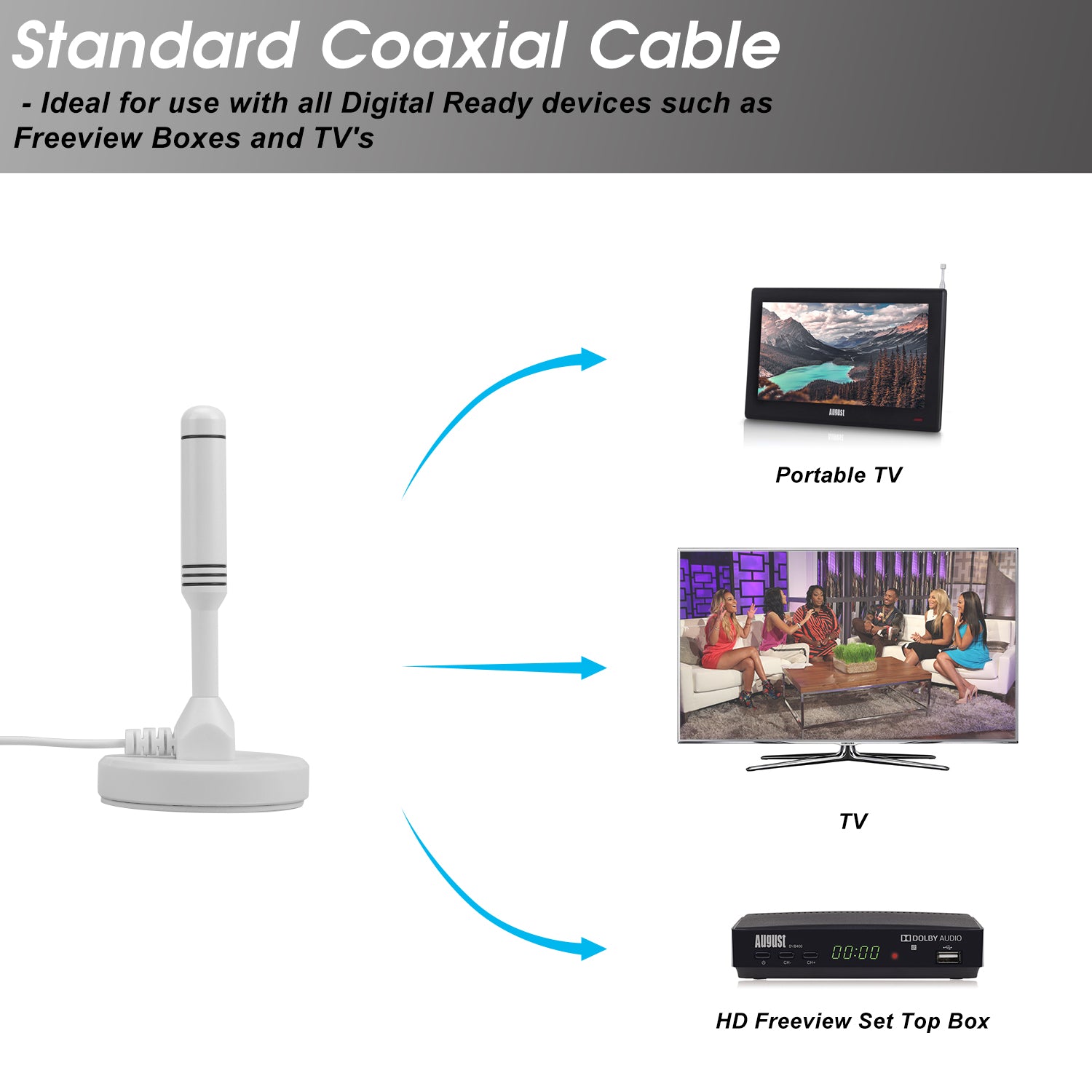 Tragbarer DVB-T2 Antennenempfänger HD H.265 Hohe Verstärkung 3db - August DTA240