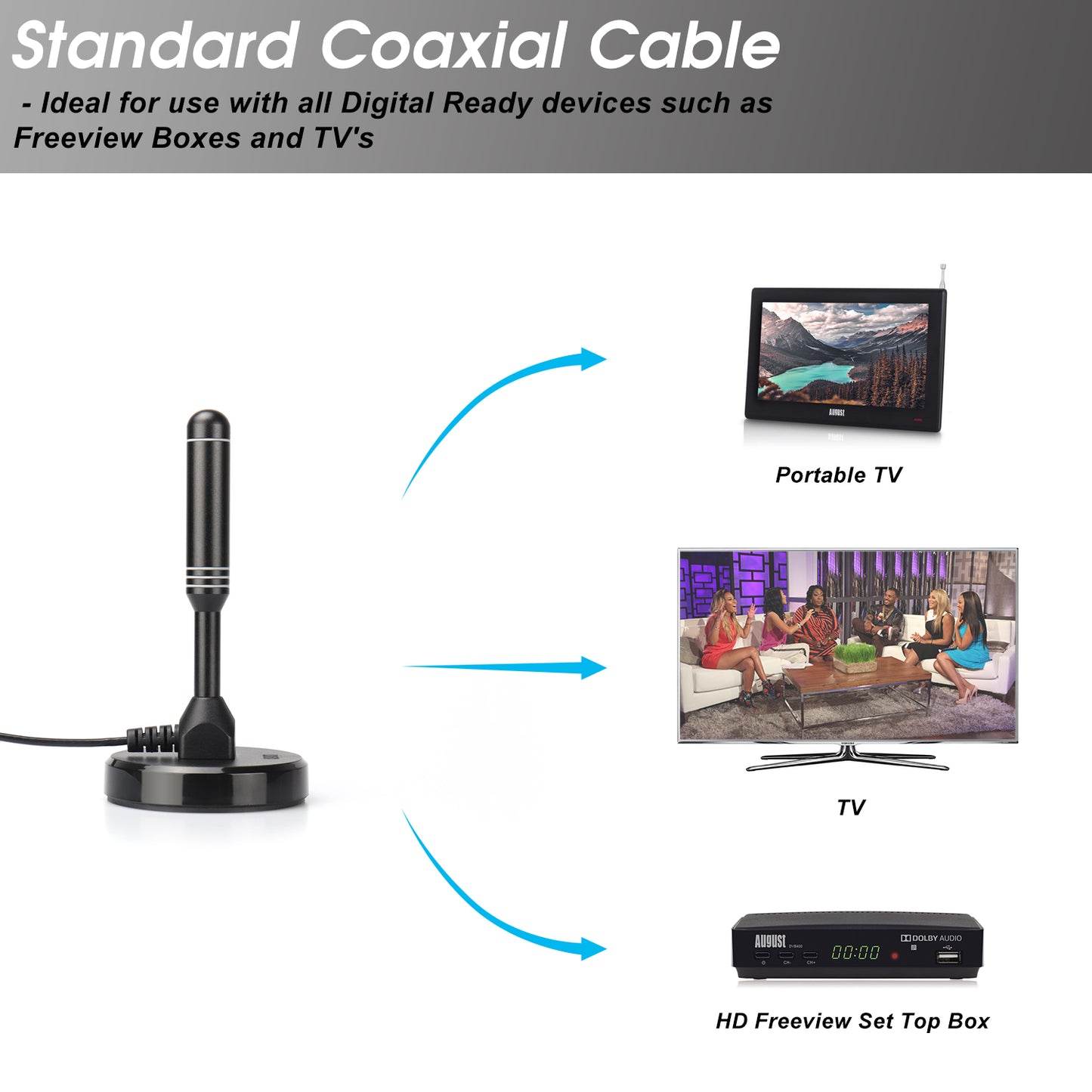 Tragbarer DVB-T2 Antennenempfänger HD H.265 Hohe Verstärkung 3db - August DTA240