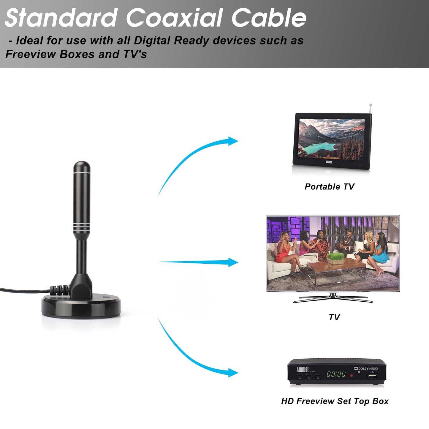 [B-Ware] Tragbarer DVB-T2 Antennenempfänger HD H.265 Hohe Verstärkung 3db - August DTA240