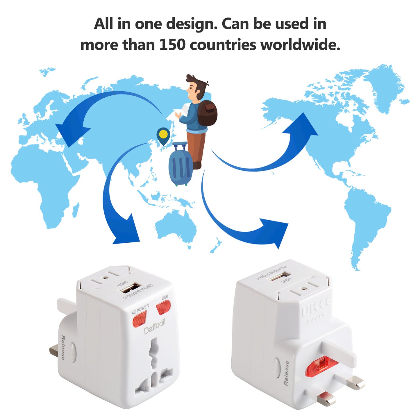 Weltreise Stromadapter Reiseadapter USB Anschluss UK EU AU US Universalstecker Daffodil WAP150