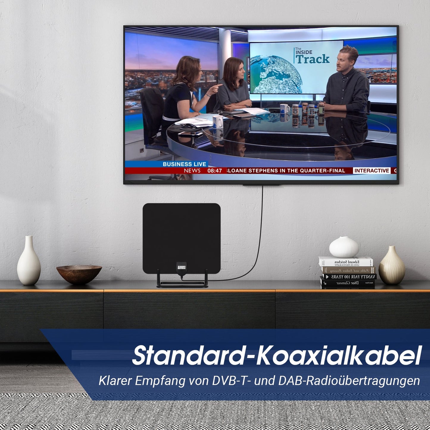 August DTA450 - DVB-T/DVB-T2 HD-Antenne - 5dB Leistungsstarke Zimmerantenne für digitales terrestrisches HD-TV mit Standfuß - Daffodil Germany GmbH