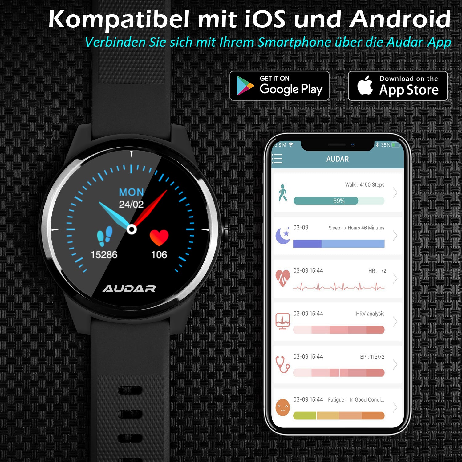 [B-Ware] Smart Fitness Gesundheitsmonitor-Uhr EKG, Blutdruck & Herzfrequenz, 10 Tage Akku – Audar E1 - Fur iPhone
