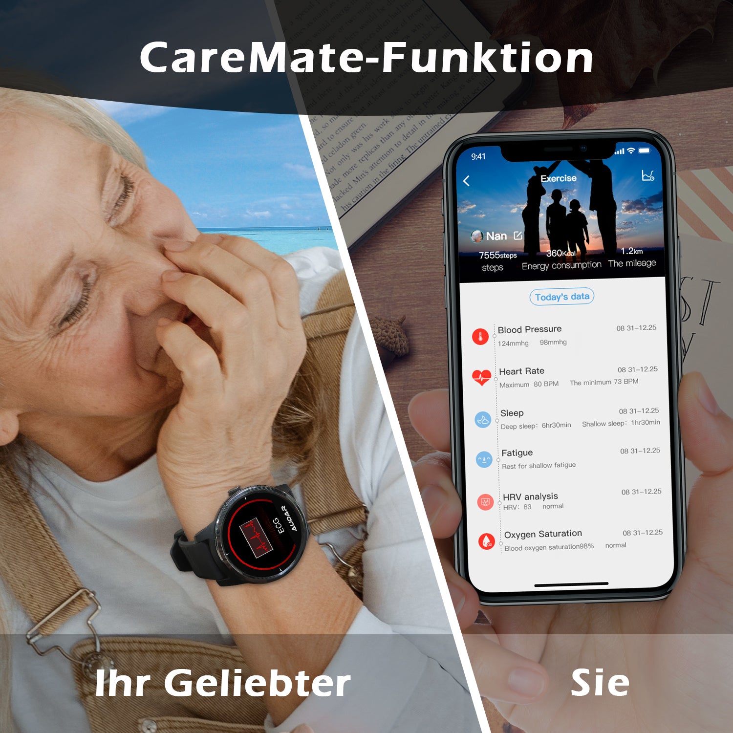[B-Ware] Smart Fitness Gesundheitsmonitor-Uhr EKG, Blutdruck & Herzfrequenz, 10 Tage Akku – Audar E1 - Fur iPhone