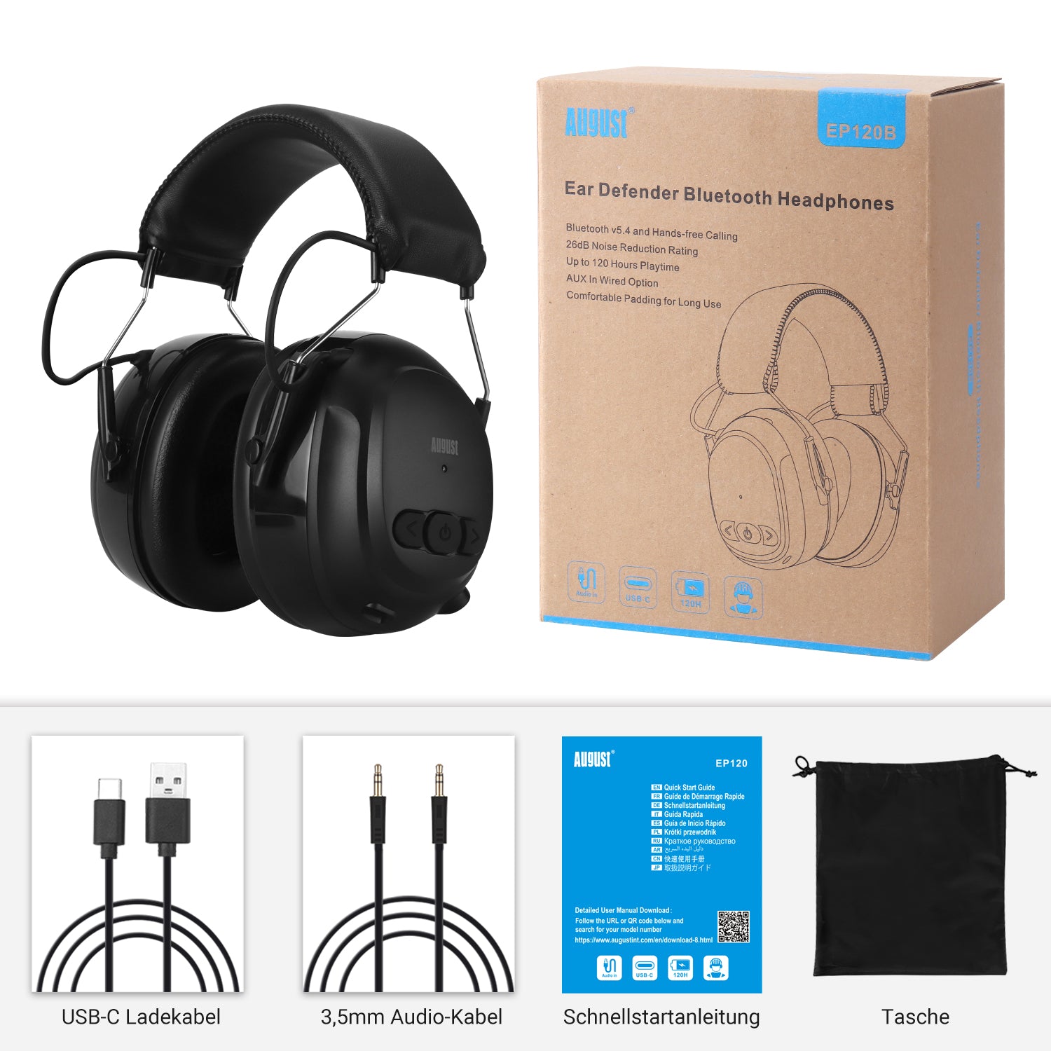 [B-Ware] Wiederaufladbare Bluetooth Kopfhörer mit Geräuschreduzierendem Gehörschutz (ANC) – August EP120 BGD