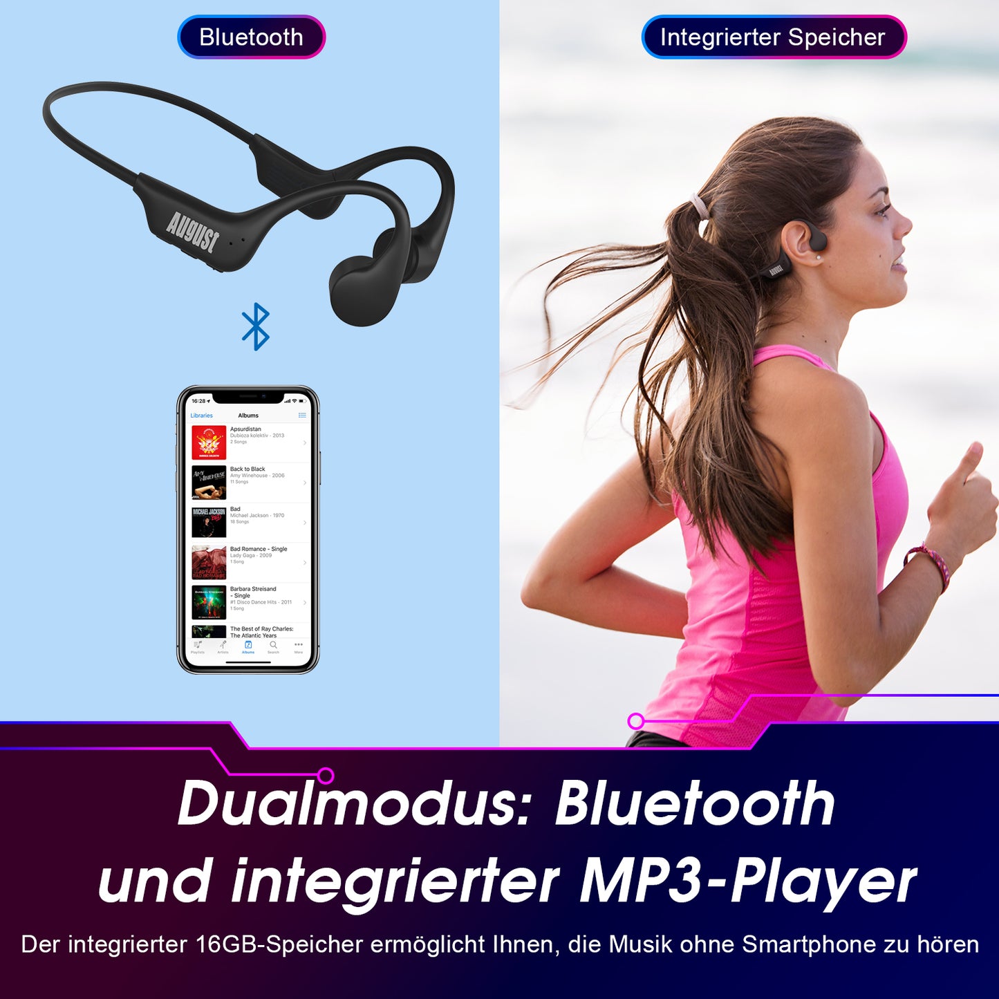 Open-Ear Knochenleitung Kopfhörer Bluetooth 16GB MP3-Spieler - August EP400