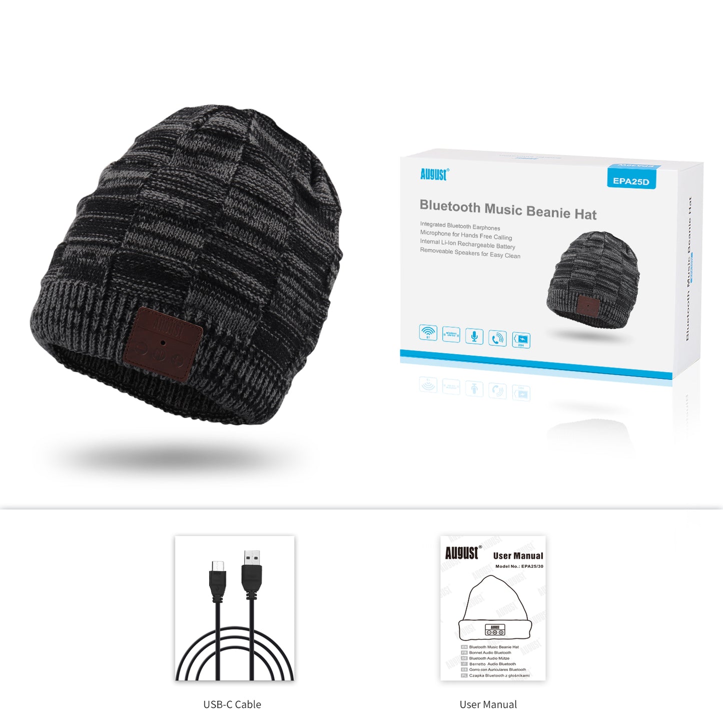 Wiederaufladbarer drahtloser Bluetooth Beanie Hat Kopfhörer mit Mikrofon August EPA25