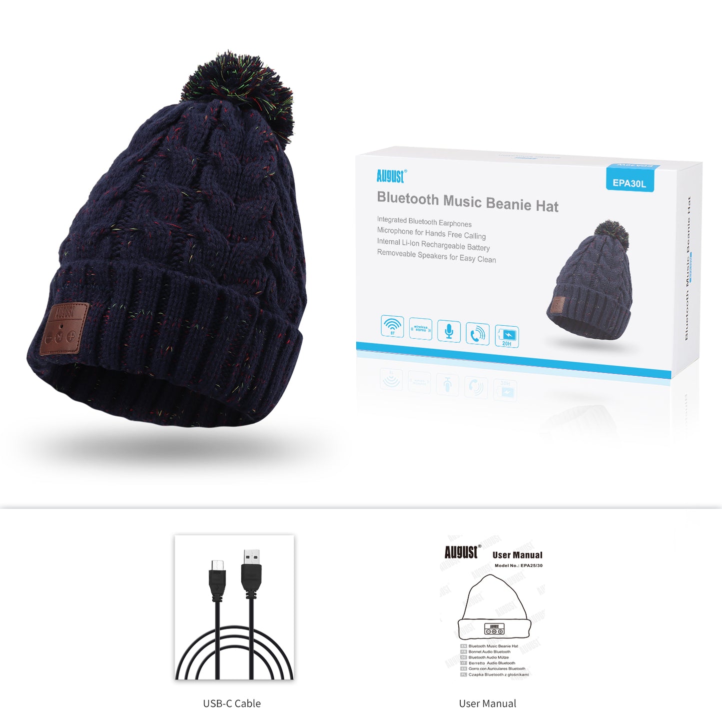 Bluetooth Beanie-Mütze mit Bommel und integriertem Mikrofon August EPA20