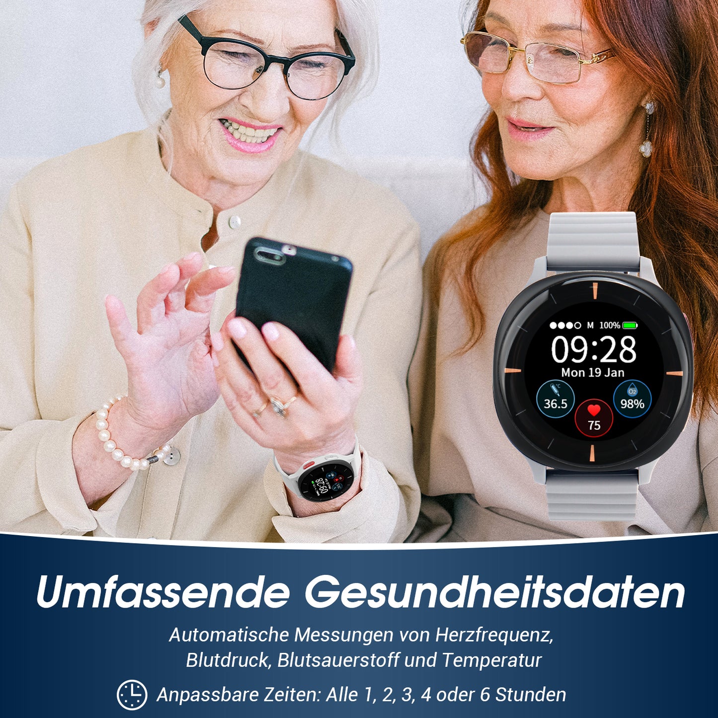 Gesundheitsmonitor Uhr 24/7 Lebenszeichen-Tracker mit Sturzerkennung & SOS-Auslöser - Audar E2