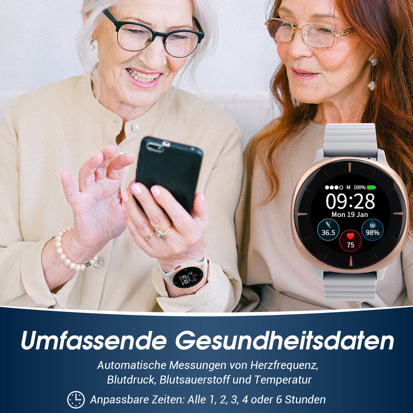 Gesundheitsmonitor Uhr 24/7 Lebenszeichen-Tracker mit Sturzerkennung & SOS-Auslöser - Audar E2