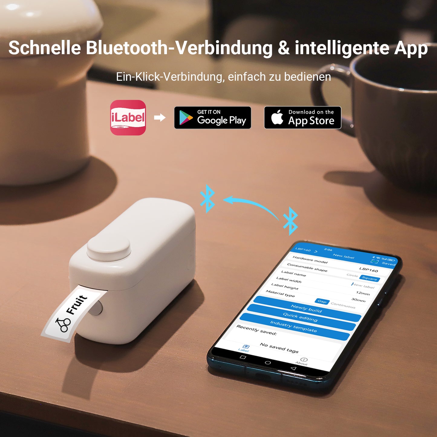 Tragbarer, tintenloser Thermodrucker mit Bluetooth, Klebeband, Schneidevorrichtung und Akku – August LBP160W