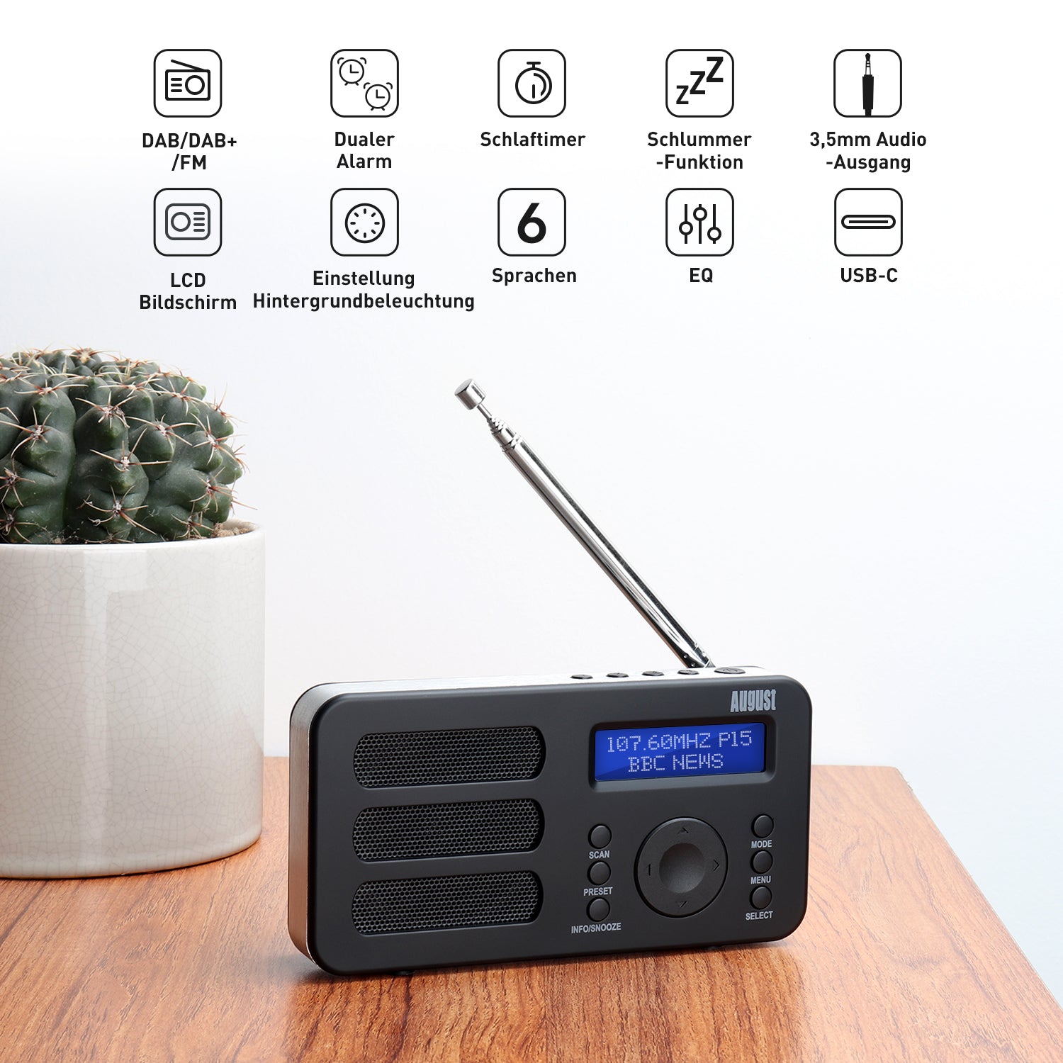[B-Ware] Tragbarer DAB+ FM Alarm Radiowecker Wiederaufladbar AUX - August MB225