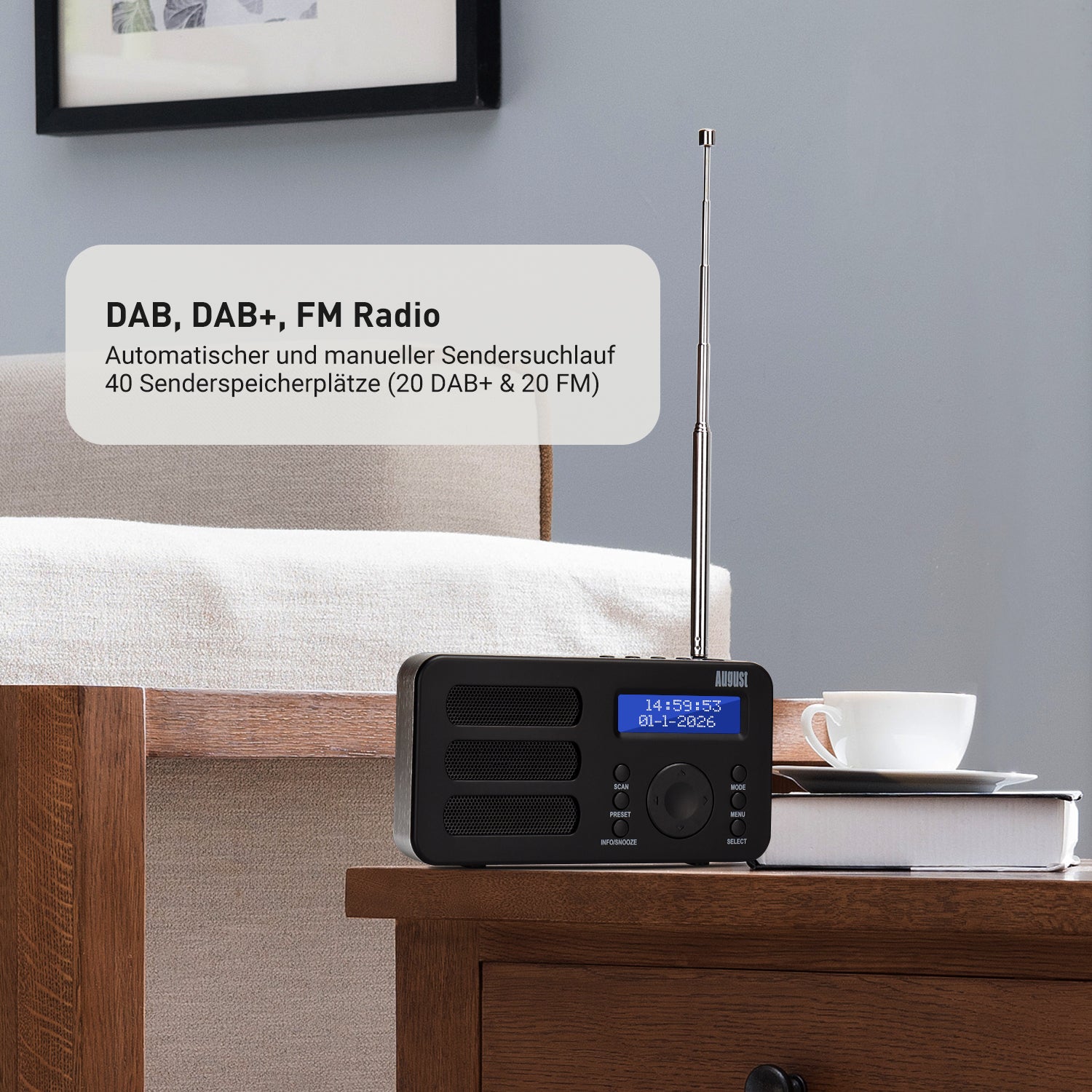 [B-Ware] Tragbarer DAB+ FM Alarm Radiowecker Wiederaufladbar AUX - August MB225