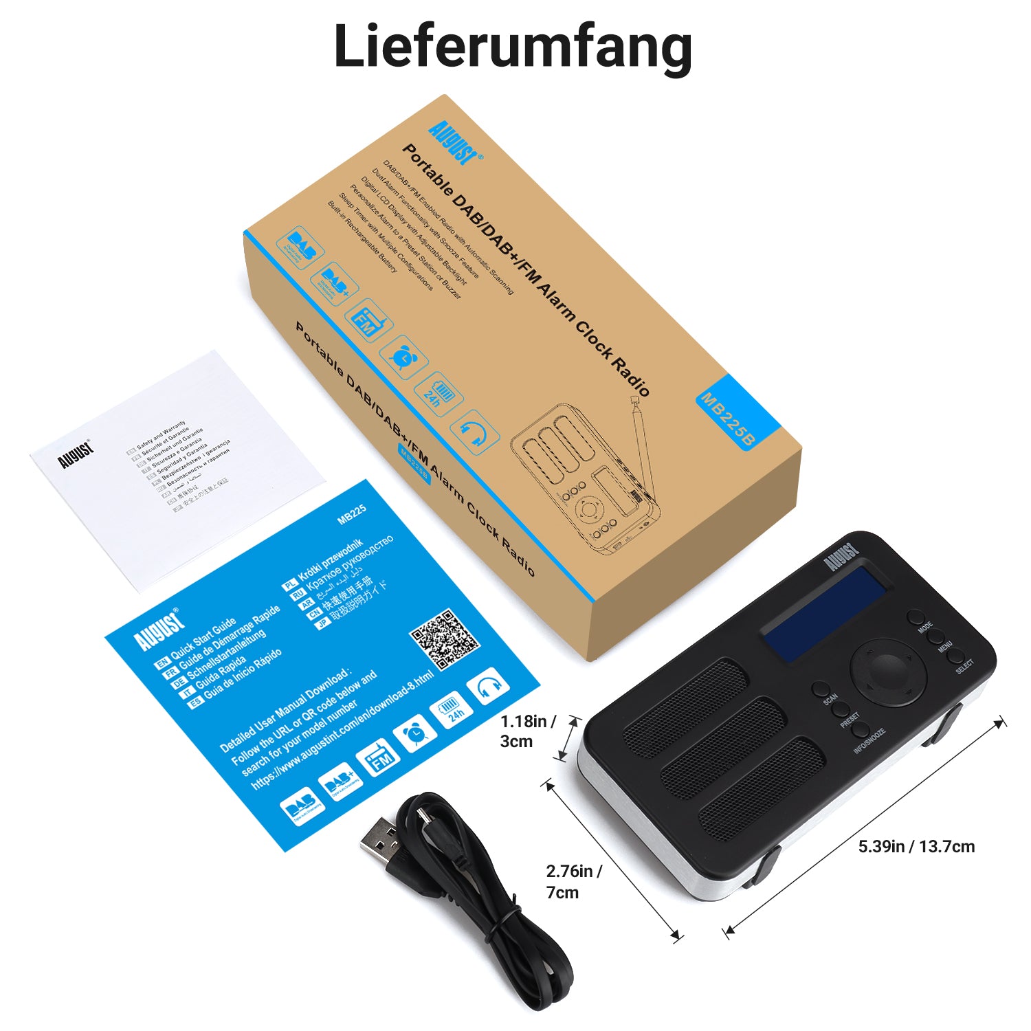 [B-Ware] Tragbarer DAB+ FM Alarm Radiowecker Wiederaufladbar AUX - August MB225