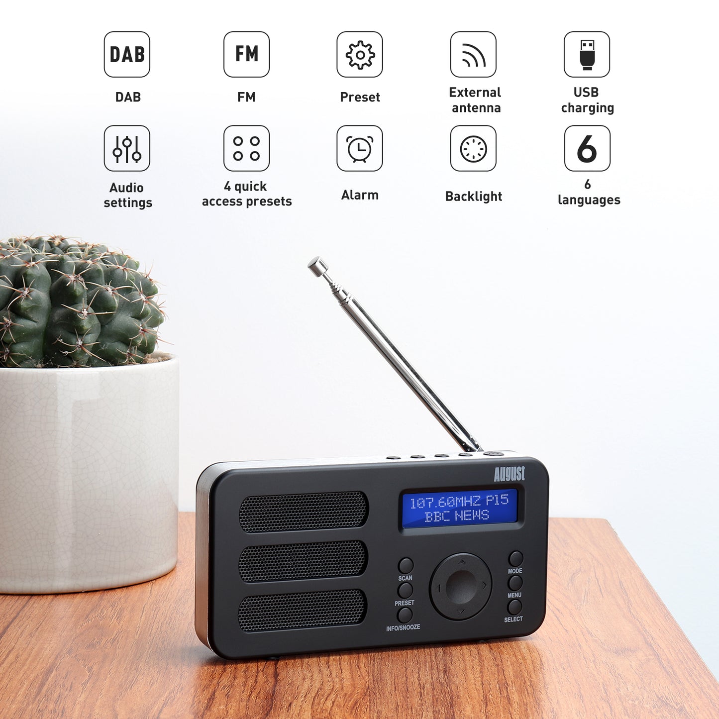 [B-Ware] Tragbarer DAB+ FM Alarm Radiowecker Wiederaufladbar AUX - August MB225