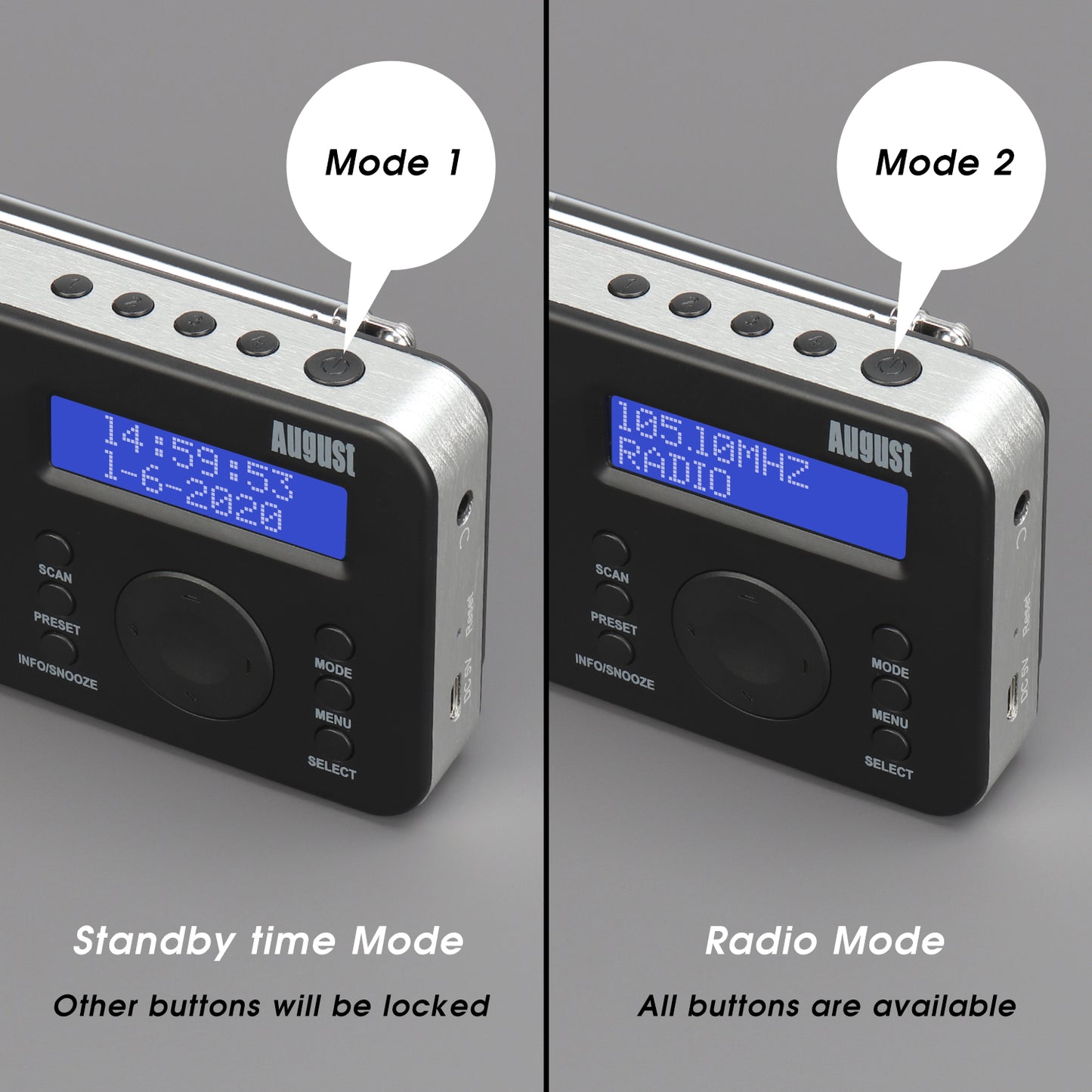 [B-Ware] Tragbarer DAB+ FM Alarm Radiowecker Wiederaufladbar AUX - August MB225