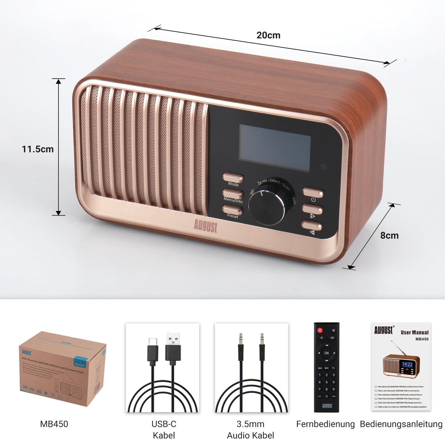 Retro Wiederaufladbare DAB UKW Radio Bluetooth USB Fernbedienung - August MB450