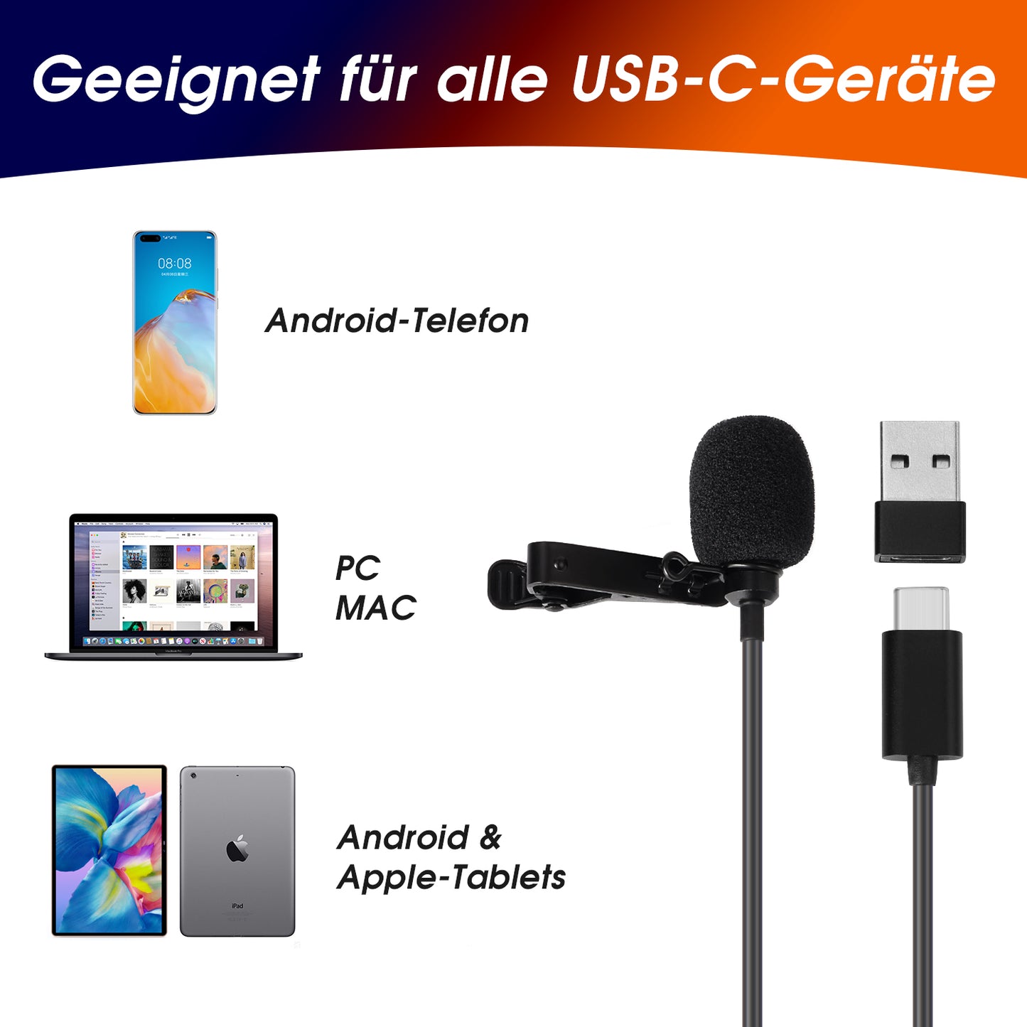 USB-C Lavalier Mikrofon Ansteckmikrofon mit Kugelcharakteristik Recorder MCP150