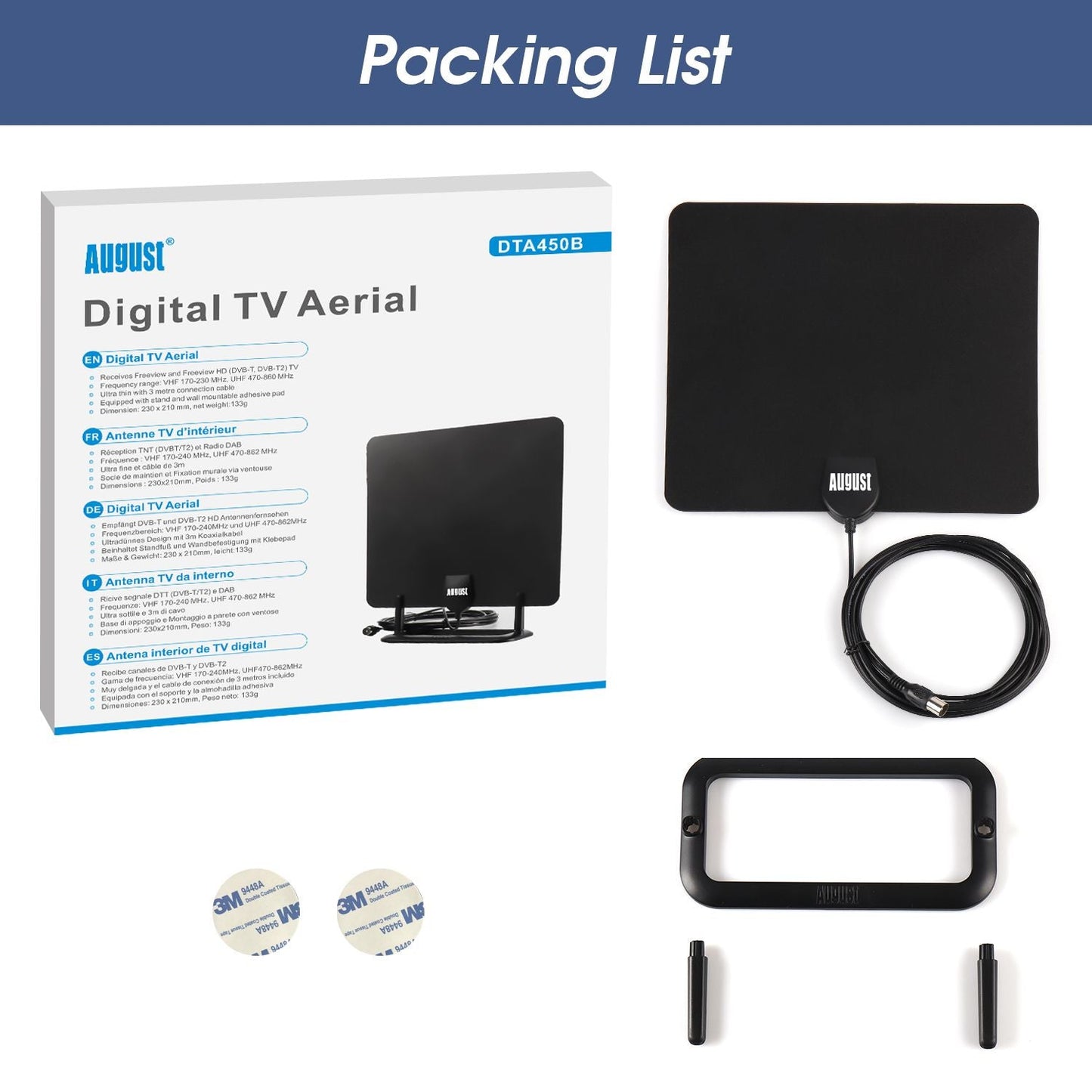 August DTA450 - DVB-T/DVB-T2 HD-Antenne - 5dB Leistungsstarke Zimmerantenne für digitales terrestrisches HD-TV mit Standfuß - Daffodil Germany GmbH