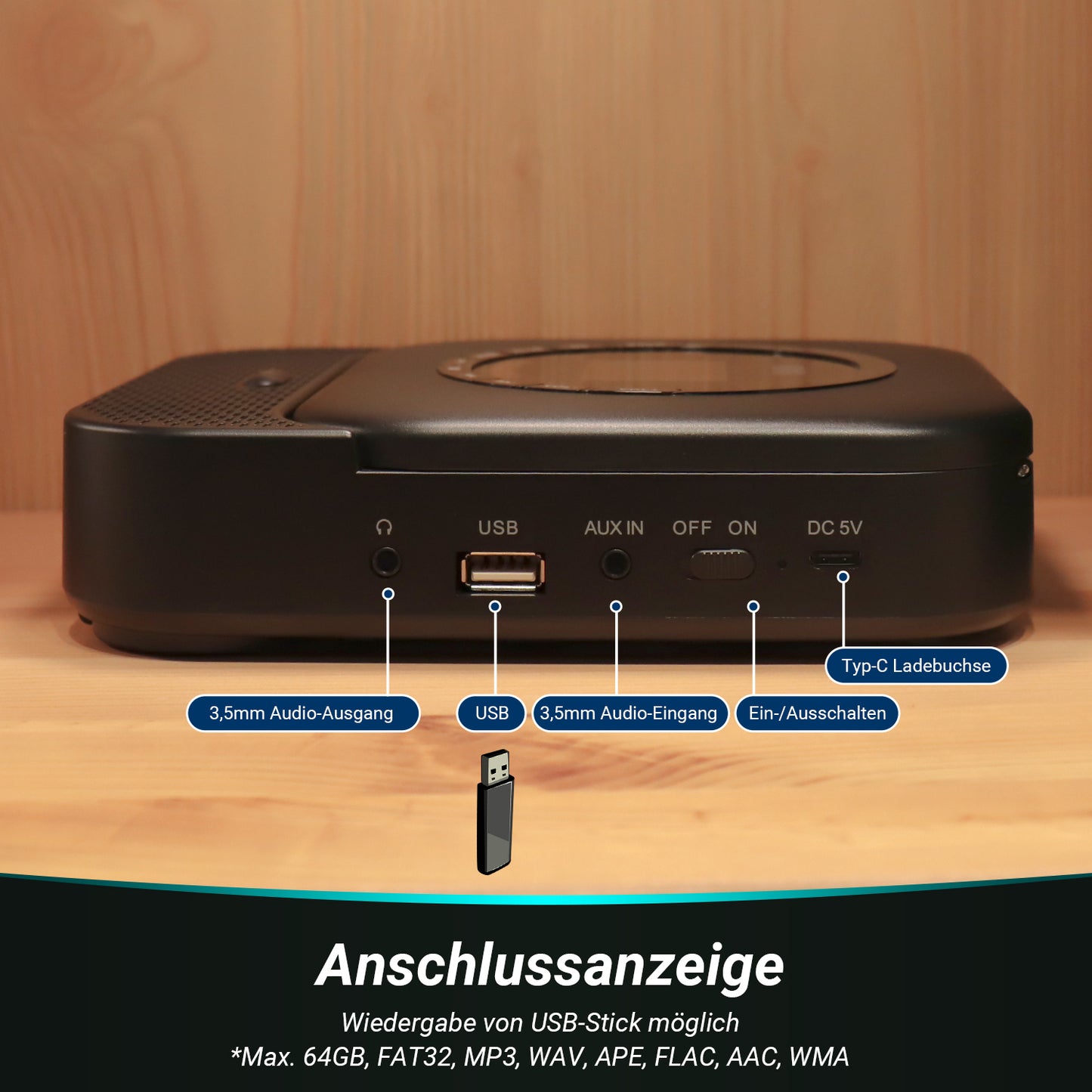 Tragbarer Musik-CD-Player mit Bluetooth und MP3-USB-Anschluss sowie integriertem Lautsprecher SE15