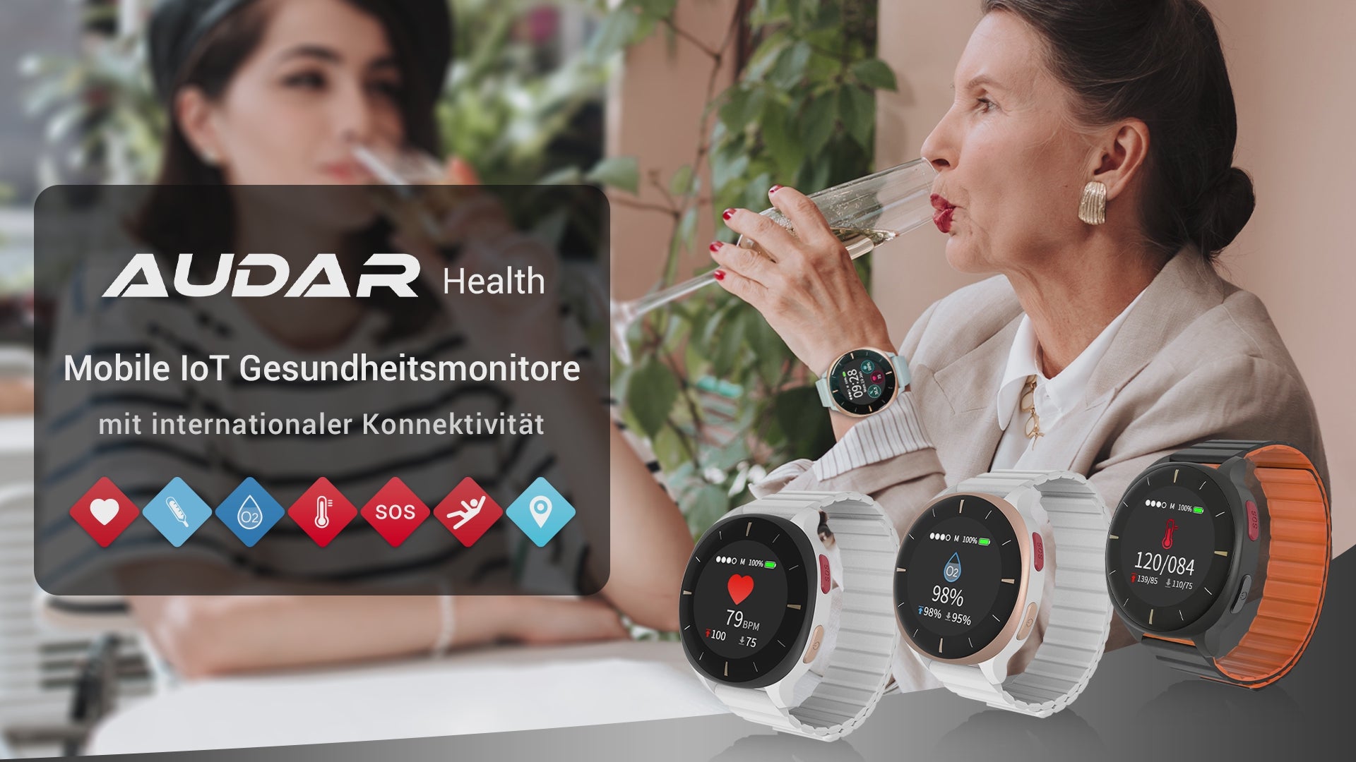 Gesundheitsmonitor Uhr 24/7 Lebenszeichen-Tracker mit Sturzerkennung & SOS-Auslöser - Audar E2