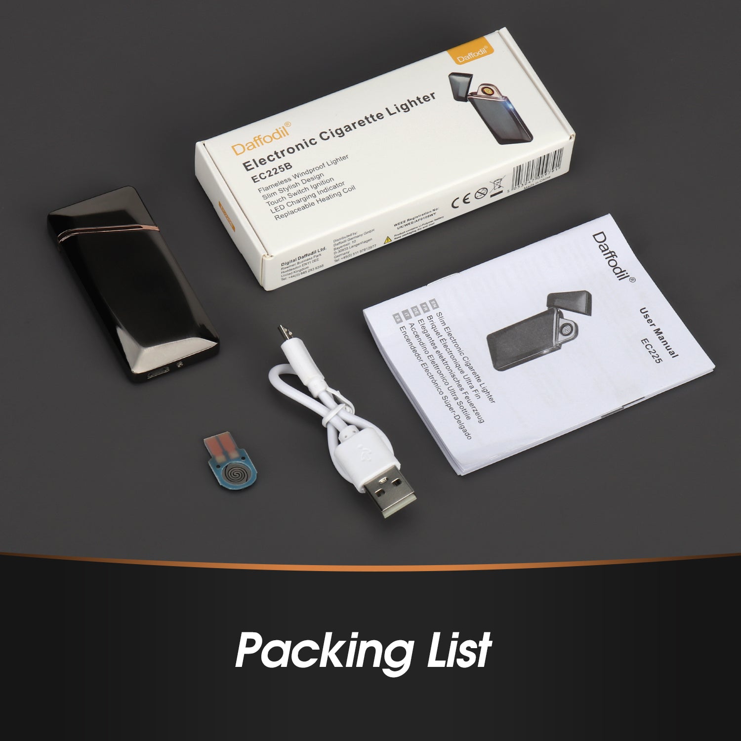 Daffodil EC225 USB-Feuerzeug, winddichtes Feuerzeug mit elektrischer Touch-Steuerung, aufladbar über USB, geeignet für Zigaretten, Kerzen oder Outdoor-Aktivitäten usw., Geschenke für Freunde und Familie - Daffodil Germany GmbH
