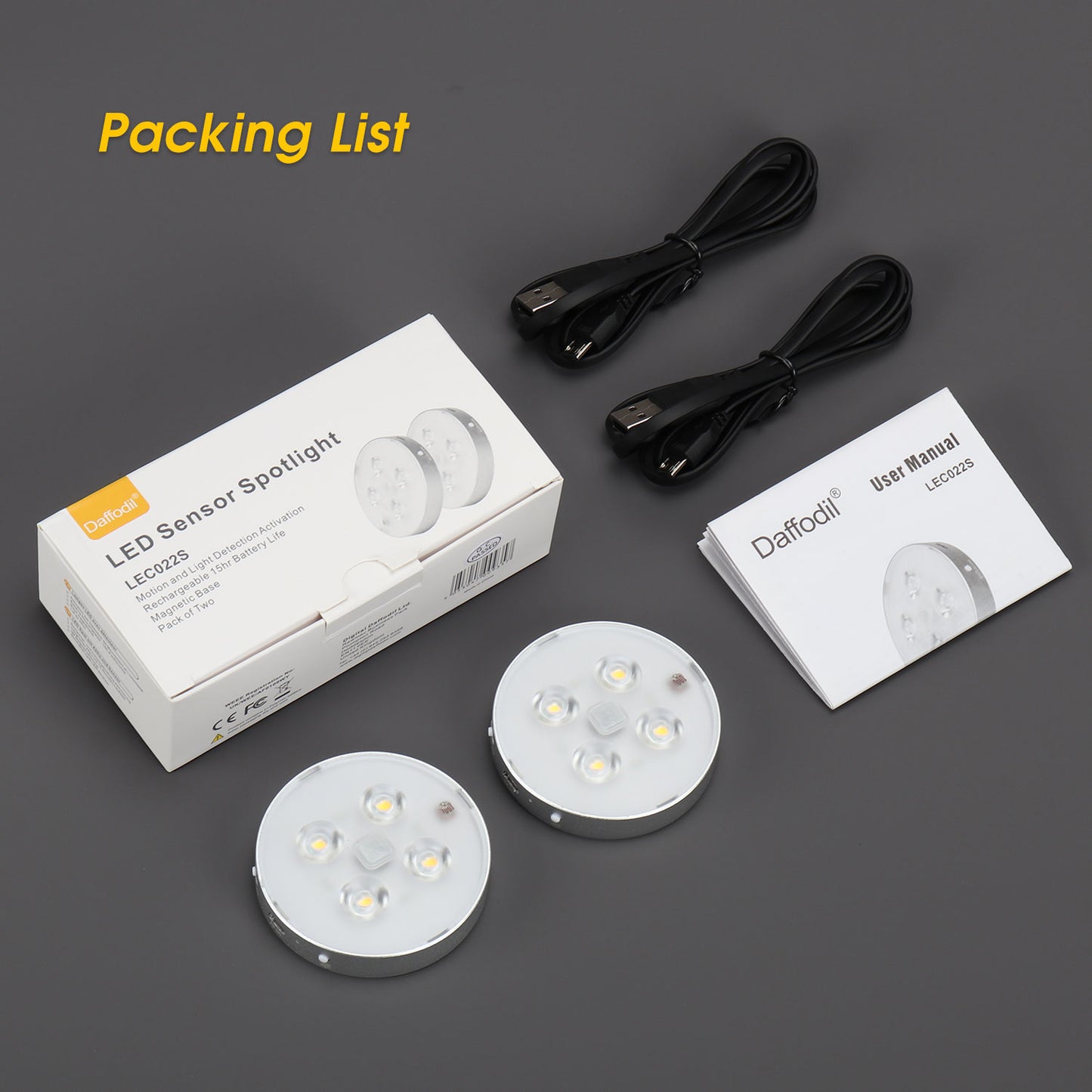 Daffodi LEC022S - Wiederaufladbarer LED Spot mit Licht- und Bewegungssensor 2er Set - Daffodil Germany GmbH